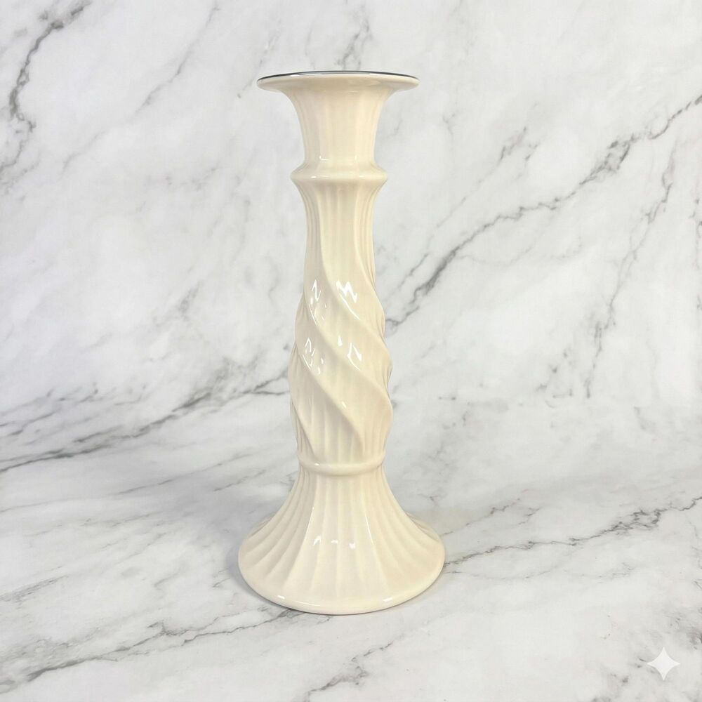 Vintage Lenox Ivory Fine Bone China Candlestick Spiral Swirl Stem Platinum Trim